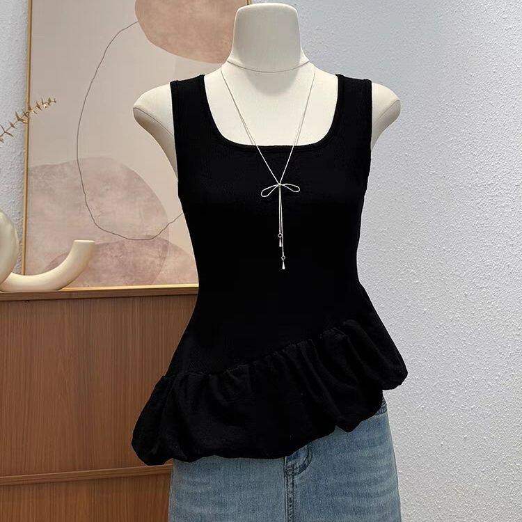 韩版方领露锁骨下摆不规则吊带背心女夏季新款设计感修身无袖上衣
