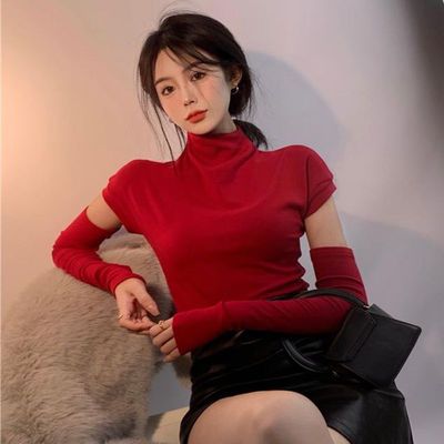 纯欲设计感小众洋气辣妹轻熟带袖套半高领高级打底衫T恤上衣女冬