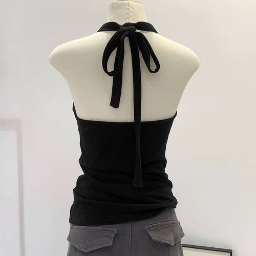 辣妹海边音乐节穿搭黑色挂脖系带吊带背心女夏季2024新款外穿上衣