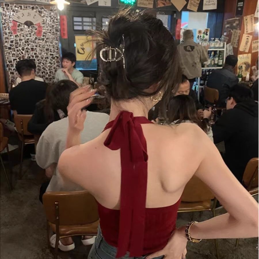 港风复古红色挂脖小吊带背心女外穿设计感小众内搭打底大露背上衣