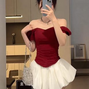 性感辣妹红色抹胸背心女夏修身显瘦短袖T恤露肩上衣