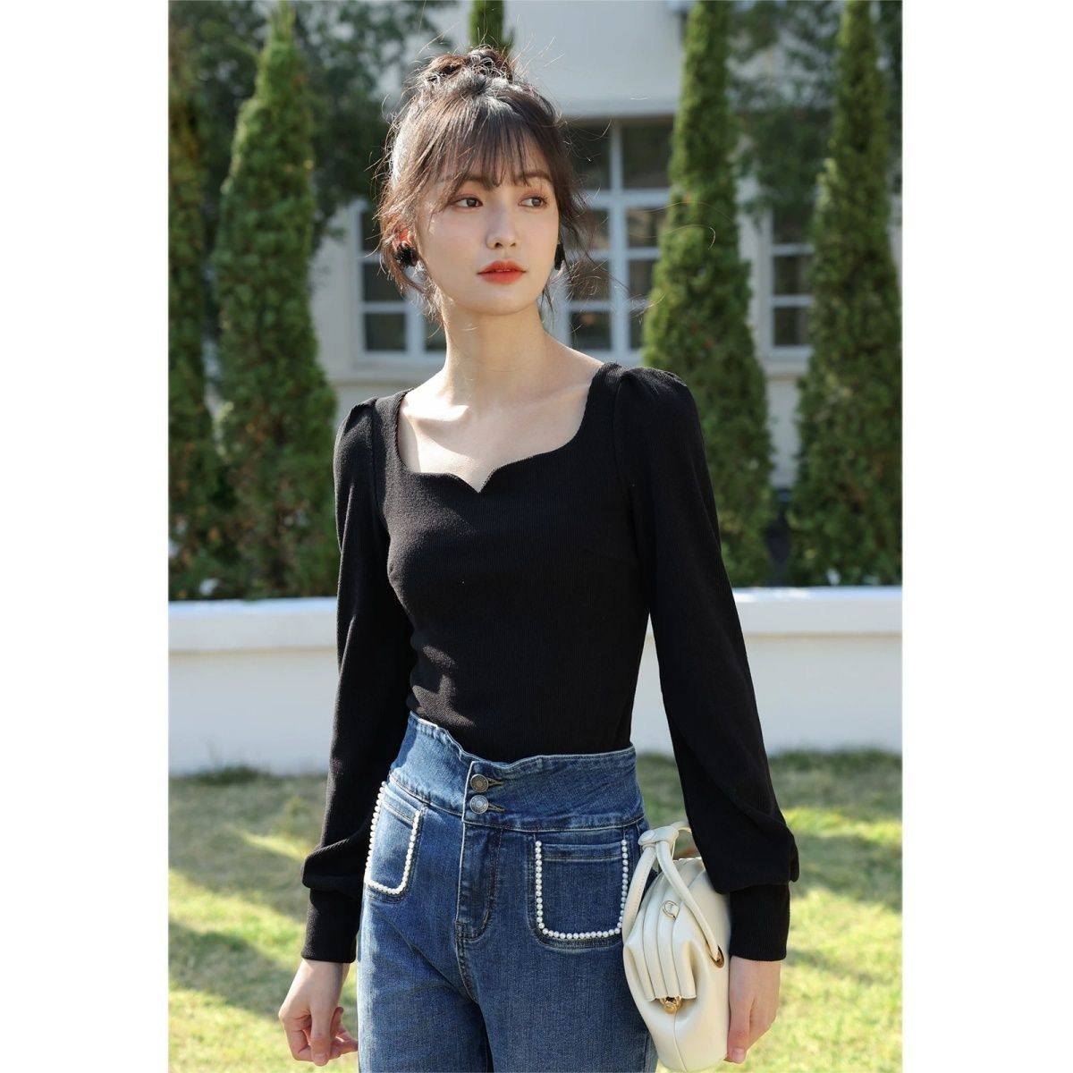 网红泡泡黑色打底秋季性感法式设计复古修身显瘦方领长袖上衣T恤,女装/女士精品,T恤,淘宝优惠券,粉丝福利购,淘宝优惠卷