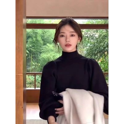 黑色半高领打底衫女秋冬大衣内搭泡泡肩灯笼袖中领设计感气质上衣