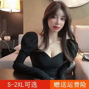 宫廷风方领紧身短款性感长袖t恤女装秋季修身内搭打底衫黑色上衣