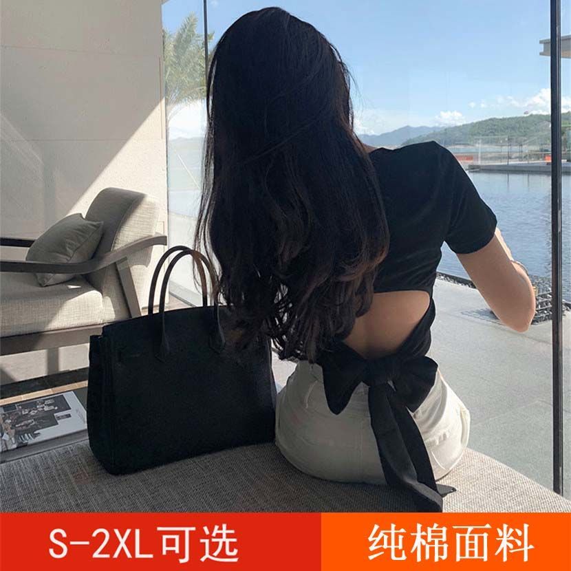 甜美背影杀镂空蝴蝶结短袖t恤女春夏新款修身显瘦露后背短款上衣