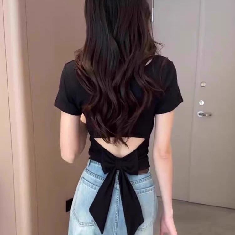 轻奢高级感露后背绑带蝴蝶结短袖t恤女夏季新款圆领黑色显瘦上衣