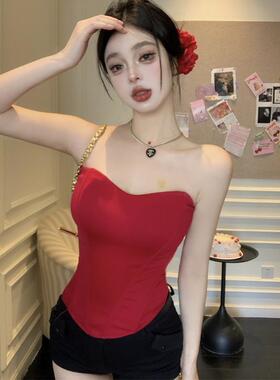 纯欲辣妹无肩带抹胸背心女装夏季束腰紧身防走光红色裹胸上衣潮