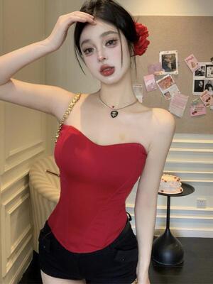 纯欲辣妹无肩带抹胸背心女装夏季束腰紧身防走光红色裹胸上衣潮