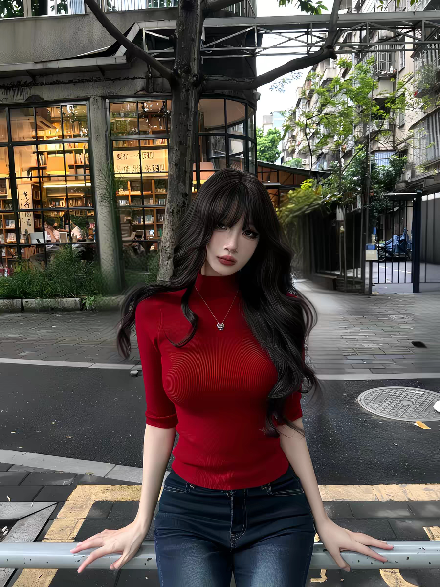 红色半高领长袖内搭打底衫女秋冬圣诞修身辣妹紧身中袖打底衫上衣