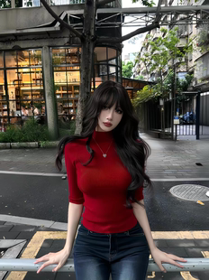 红色半高领长袖内搭打底衫女秋冬圣诞修身辣妹紧身中袖打底衫上衣