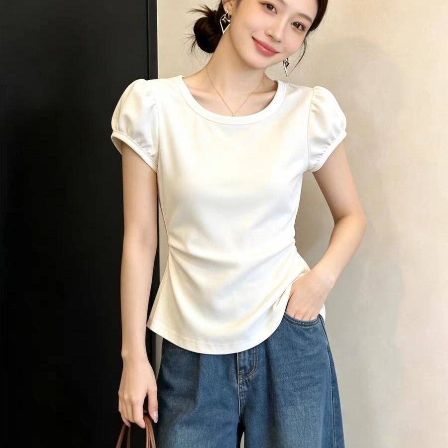 白色圆领泡泡袖褶皱收腰短袖T恤女夏季微胖大码修身显瘦小众上衣