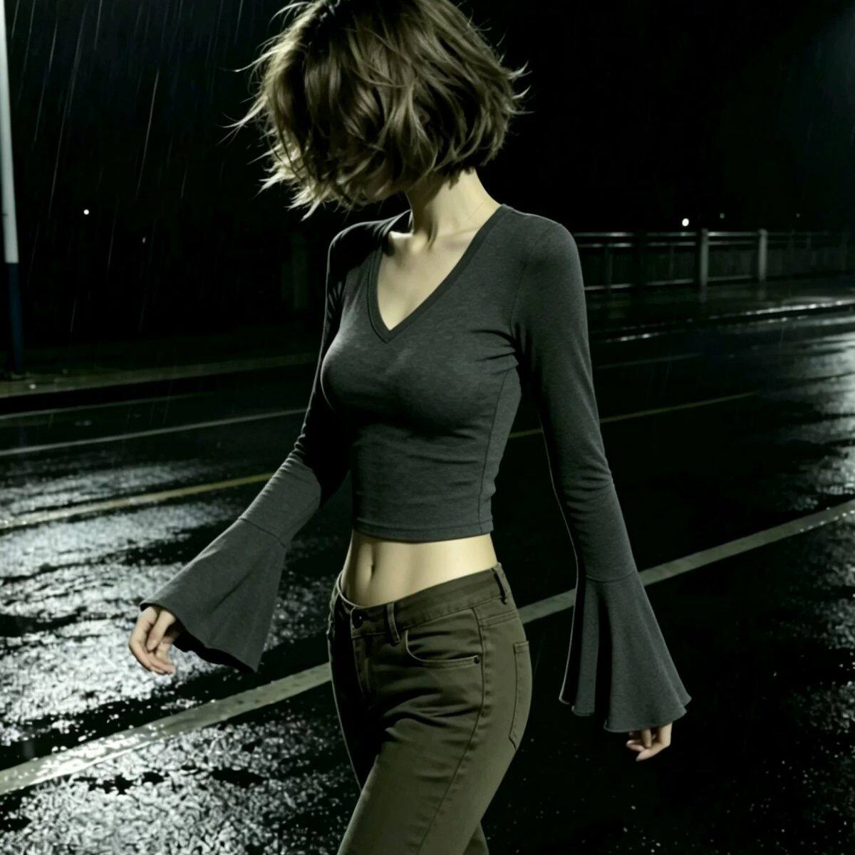早秋季性感纯欲风V领喇叭长袖T恤女显瘦露脐短款高端小资小上衣