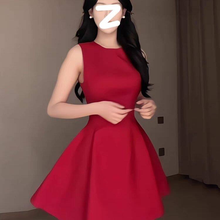 红色连衣裙女夏季法式订婚礼服敬酒服无袖背心收腰显瘦红裙子短裙