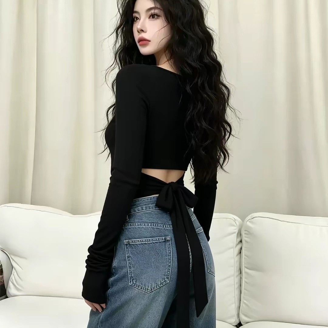 辣妹风黑色露背绑带长袖T恤女初秋季纯欲设计感修身圆领打底衫