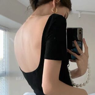 上衣 性感露背女式 夏大码 设计感小众性感美式 螺纹纯棉黑色T恤短袖