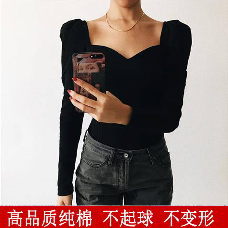 VanessaLab秋季法式宫廷风泡泡袖长袖t恤低胸性感收腰修身上衣女