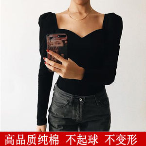 VanessaLab秋季法式宫廷风泡泡袖长袖t恤低胸性感收腰修身上衣女