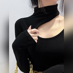 欧货薄绒高领打底衫女秋冬2023新款内搭洋气高级感镂空漏锁骨上衣