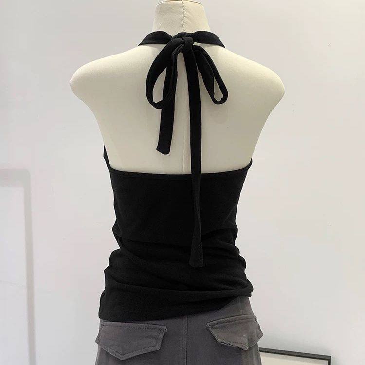 辣妹海边音乐节穿搭黑色挂脖系带吊带背心女夏季2024新款外穿上衣