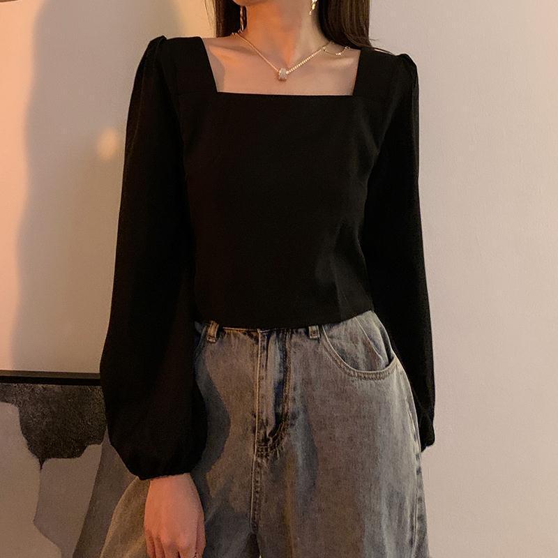黑色方领上衣女复古法式t恤泡泡袖长袖锁骨修身2021秋季新款女装