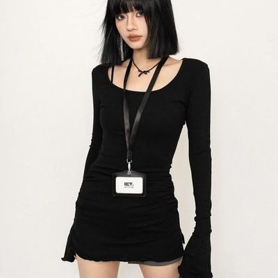 OCTTFLAB初秋韩系甜酷喇叭袖上衣女不规则修身内搭打底长袖T恤