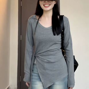 大码纯欲不规则绑带收腰长袖T恤女秋季胖MM开叉修身显瘦正肩上衣