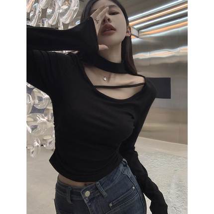 黑色性感纯欲锁骨上衣女辣妹风秋冬打底衫设计感小众T恤内搭潮
