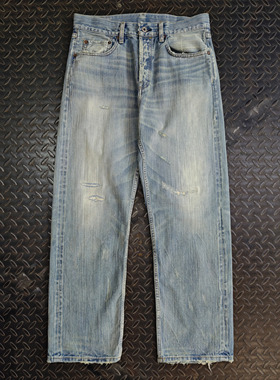 WIROTE威络竹节纹青蓝复古水洗猫须破洞微宽松直筒修身赤耳牛仔裤