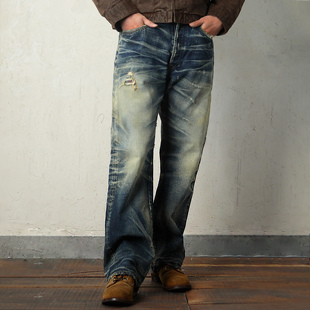 WIROTE威络 旧痕正蓝调猫须 日产旧化洗水 宽松直筒赤耳牛仔裤
