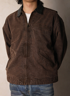 WIROTE威络麦穗金/薯莨红珠帆植物染拼皮拉链做旧翻领J97夹克外套