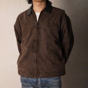 WIROTE威络麦穗金 薯莨红珠帆植物染拼皮拉链做旧翻领J97夹克外套