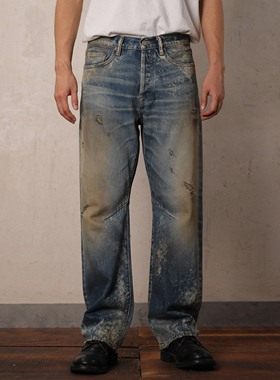 映蓝古墙海岸蓝斑驳油污做旧 01宽松直筒赤耳牛仔裤 WIROTE/威络
