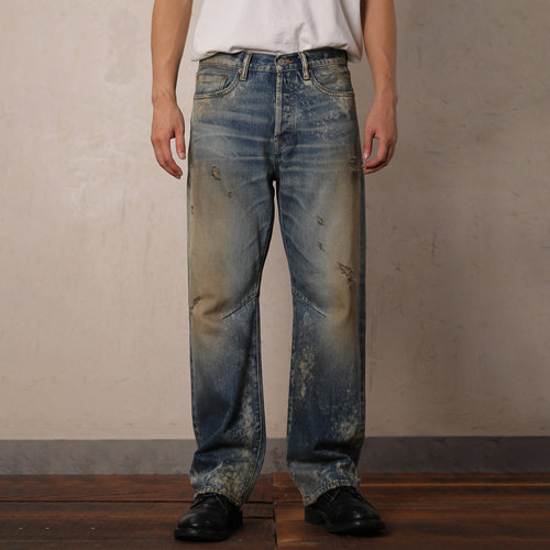 映蓝古墙海岸蓝斑驳油污做旧 01宽松直筒赤耳牛仔裤 WIROTE/威络