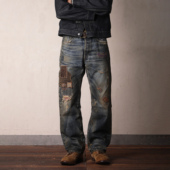 WIROTE威络 十周年日产直筒旧化水洗赤耳牛仔裤