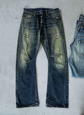 WIROTE威络新款prps紫制品02元年复古水洗做旧微喇赤耳牛仔长裤