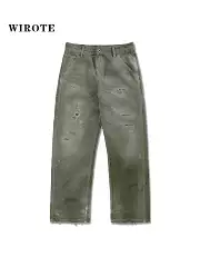 Wirote 14.5oz Pearl Canvas Patch Double-Dyed Oil-Washed Distressed Workwear Lumberjack Casual Pants