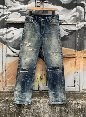 WIROTE威络新款NBHD破坏做旧补丁拉链小直筒MID水洗赤耳牛仔裤