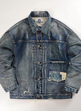 WIROTE/威络手擦磨破蓝染拼接古布翻领款赤耳牛仔夹克外套上衣MAD