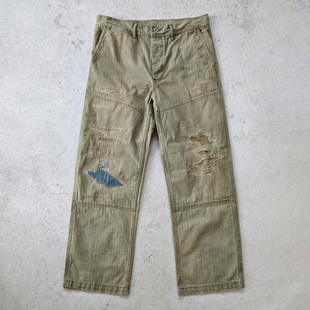 WIROTE威络 HBT人字纹 刀割破洞补丁 军版宽松直筒休闲工装裤340g