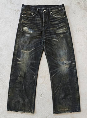 WIROTE威络 黑魂泥染乱针刺绣磨破补丁 宽松小A字赤耳牛仔裤长裤