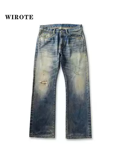 Wirote Vintage Washed Straight-Leg Bootcut Pants with Sun-Dried Distressed Fabric Patches