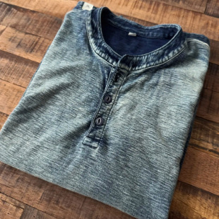 WIROTE威络蓝染重竹节渐变做旧磨白美式 T恤280G 咔叽布亨利领短袖