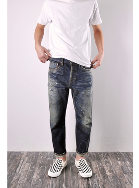 WIROTE/威洛 弹孔破洞补丁做旧立体猫须水洗九分赤耳牛仔裤  20ss