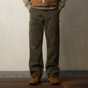 WIROTE威络 赭褐绿高密帆布泥染旧化 合身直筒伐木工装裤14.5OZ
