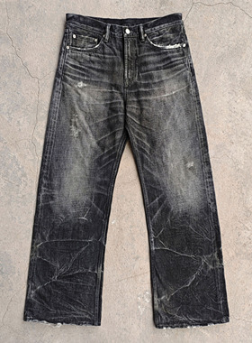 WIROTE威络 闪电黑牛泥染扎花旧化水洗 宽松小A字赤耳牛仔裤