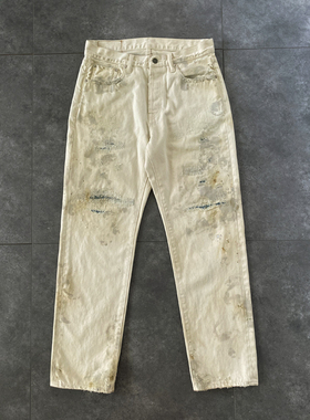 WIROTE/威络秋季新品磨破油污铁锈做旧 补丁刺绣水洗赤耳直筒长款