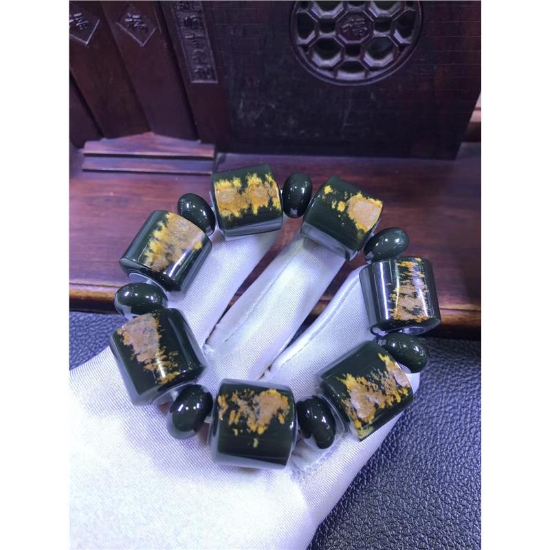 【一手自加工】定金 析木绿玉河磨玉桶形手链粒粒带皮重201克