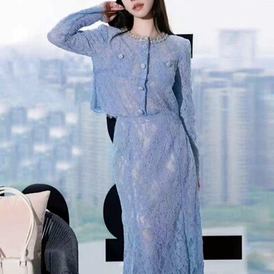 sp新品蕾丝水钻钉珠两件套连衣裙女套装裙子上衣+半身长裙送腰带