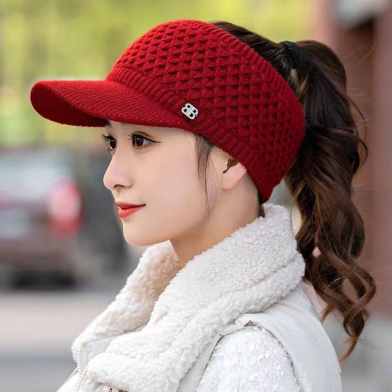 帽子女冬季马尾帽针织毛线帽空顶帽女士加绒加厚无顶鸭舌帽户外帽