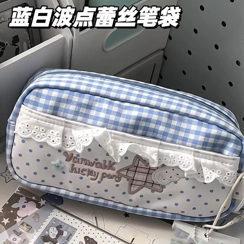 波点蓝白蕾丝花边笔袋女生高颜值ins风2026新款大容量女孩小学生